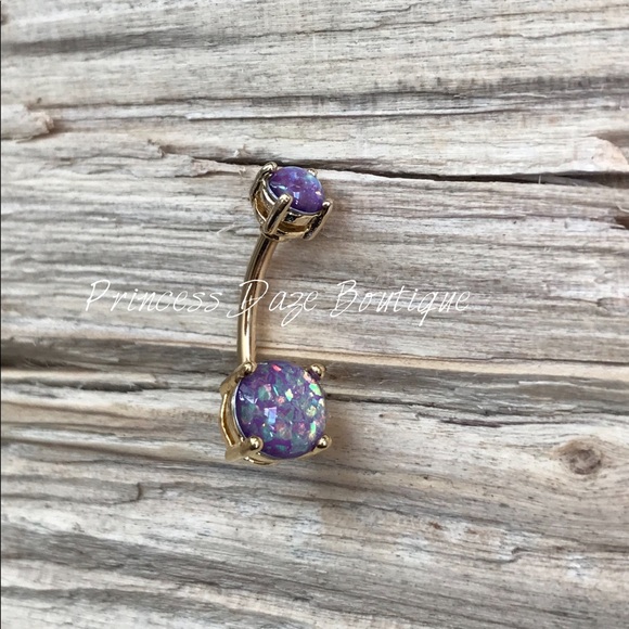 Purple Opal Gold Prong Belly Button Ring - Picture 2 of 2